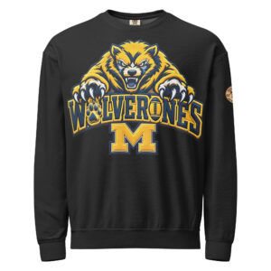Home Michigan Wolverines sweatshirt – vintage garment-dyed fleece crewneck, Black front view.