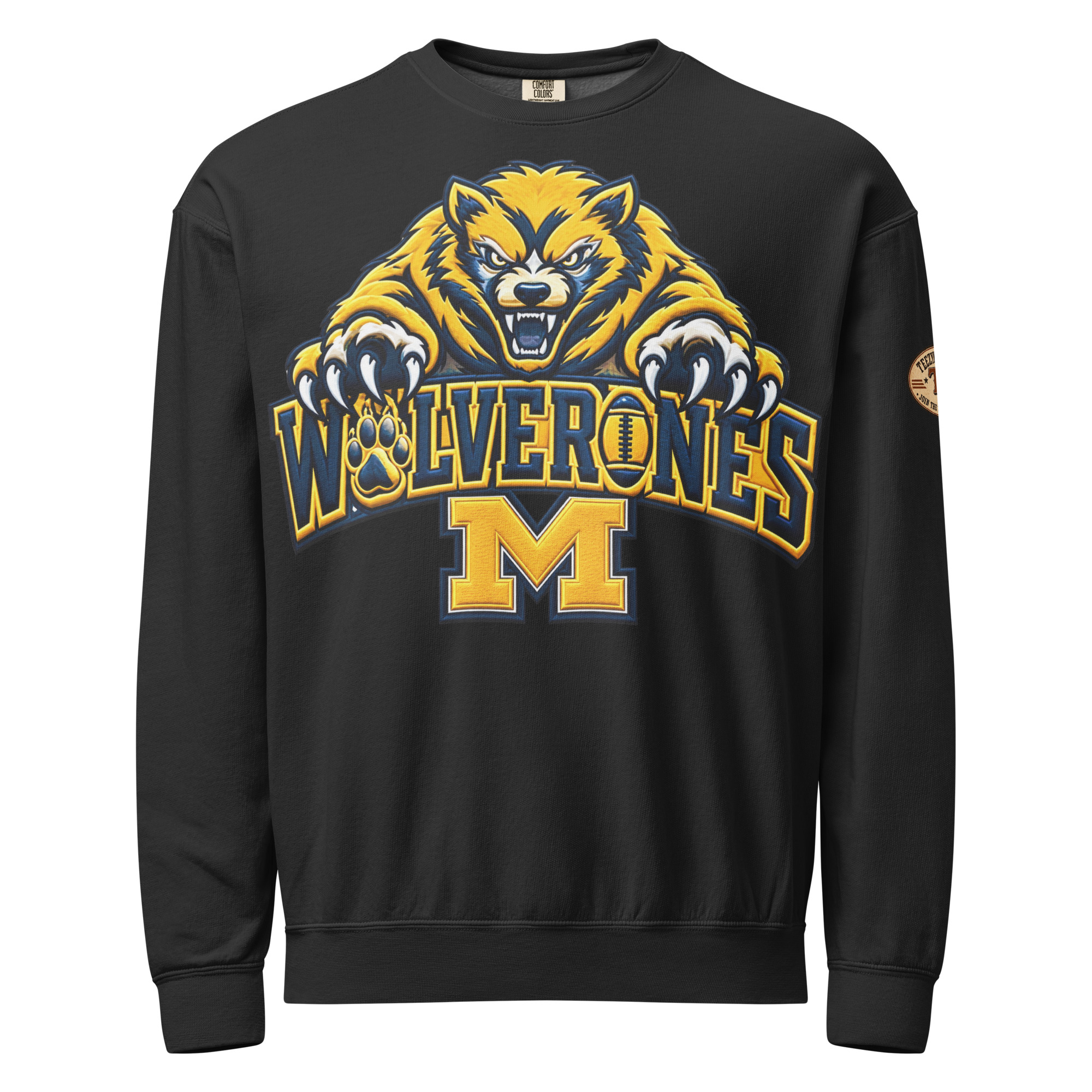 unisex garment dyed lightweight fleece crewneck sweatshirt i comfort colors 1466 black front 6ad3972342207.jpg Michigan Wolverines sweatshirt – vintage garment-dyed fleece crewneck, Black front view.