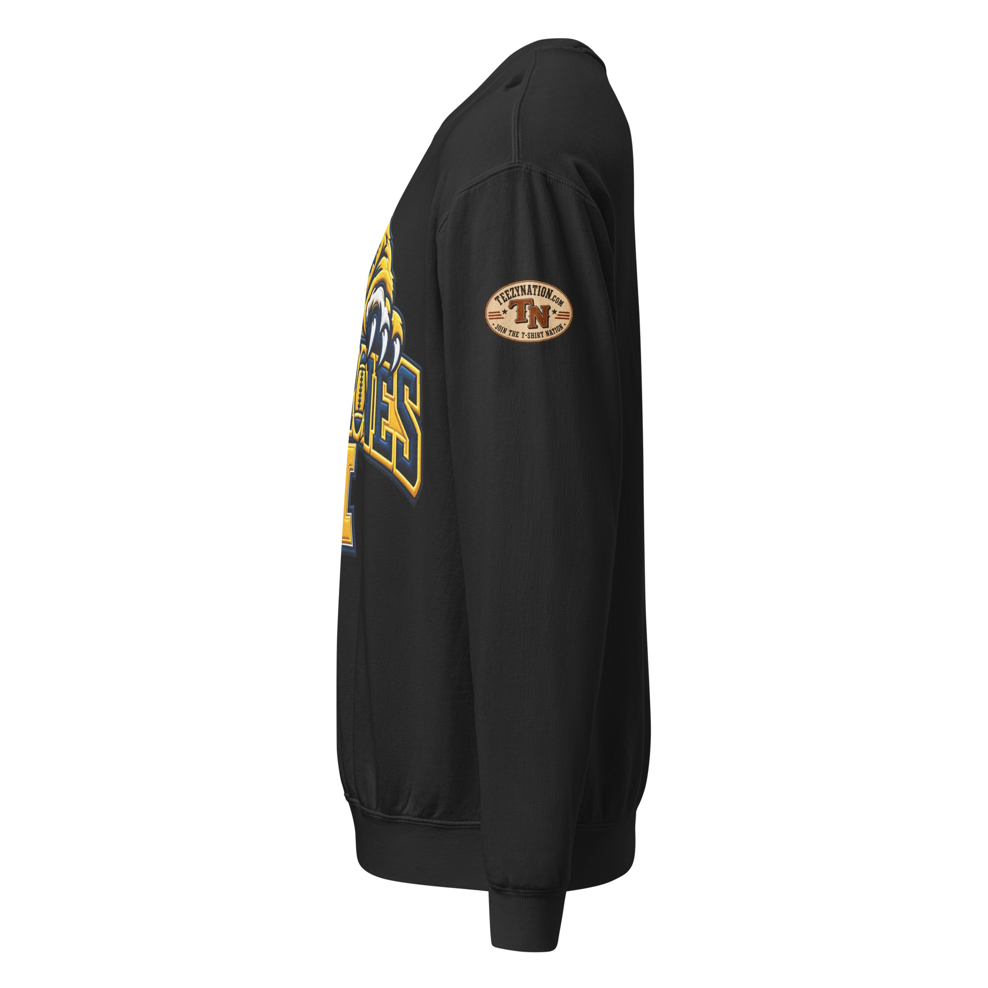 unisex garment dyed lightweight fleece crewneck sweatshirt i comfort colors 1466 black left 6ad3972343296.jpg Michigan Wolverines sweatshirt – vintage garment-dyed fleece crewneck, Black left side view.
