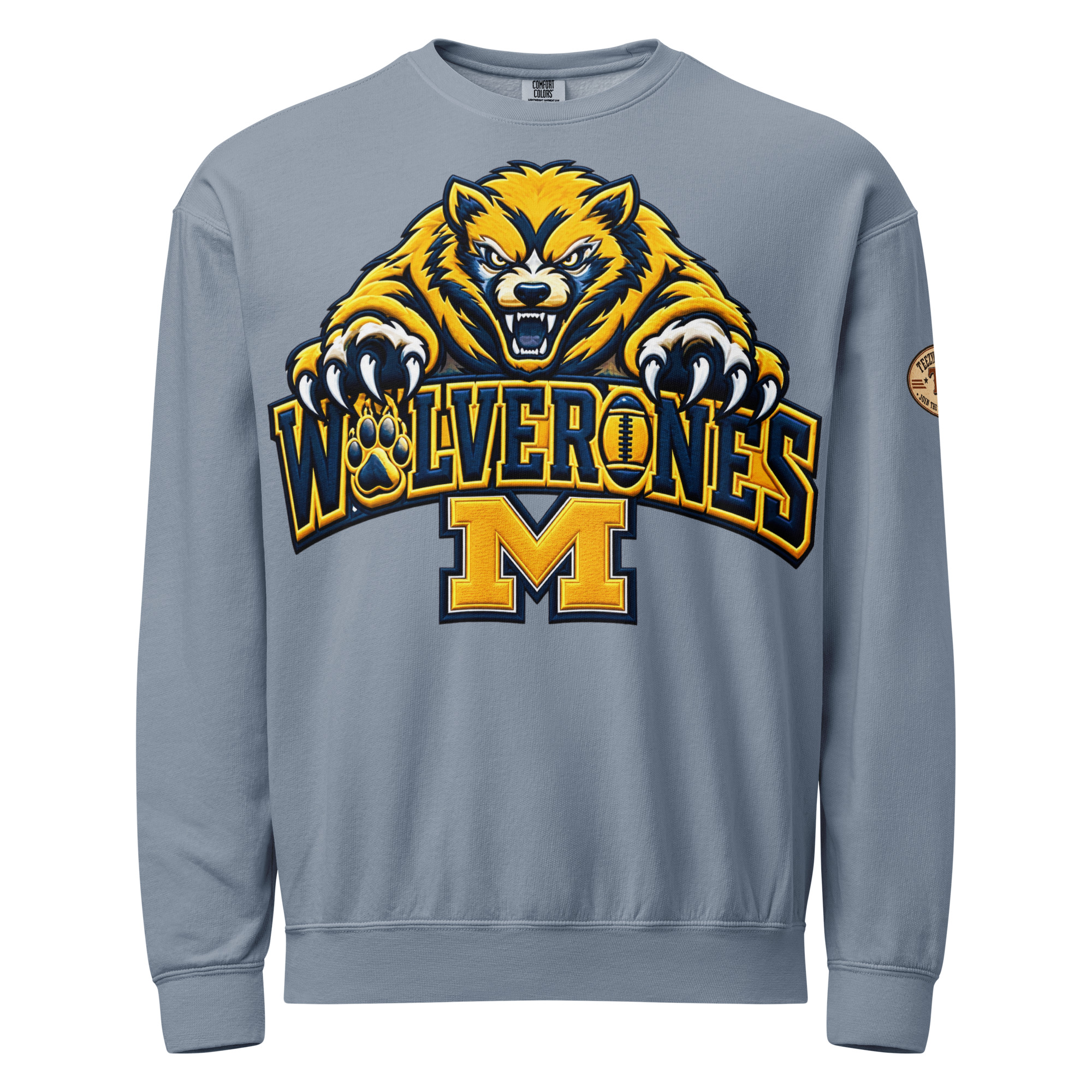 unisex garment dyed lightweight fleece crewneck sweatshirt i comfort colors 1466 blue jean front 6ad3972342813.jpg Michigan Wolverines sweatshirt – vintage garment-dyed fleece crewneck, Blue Jean front view.