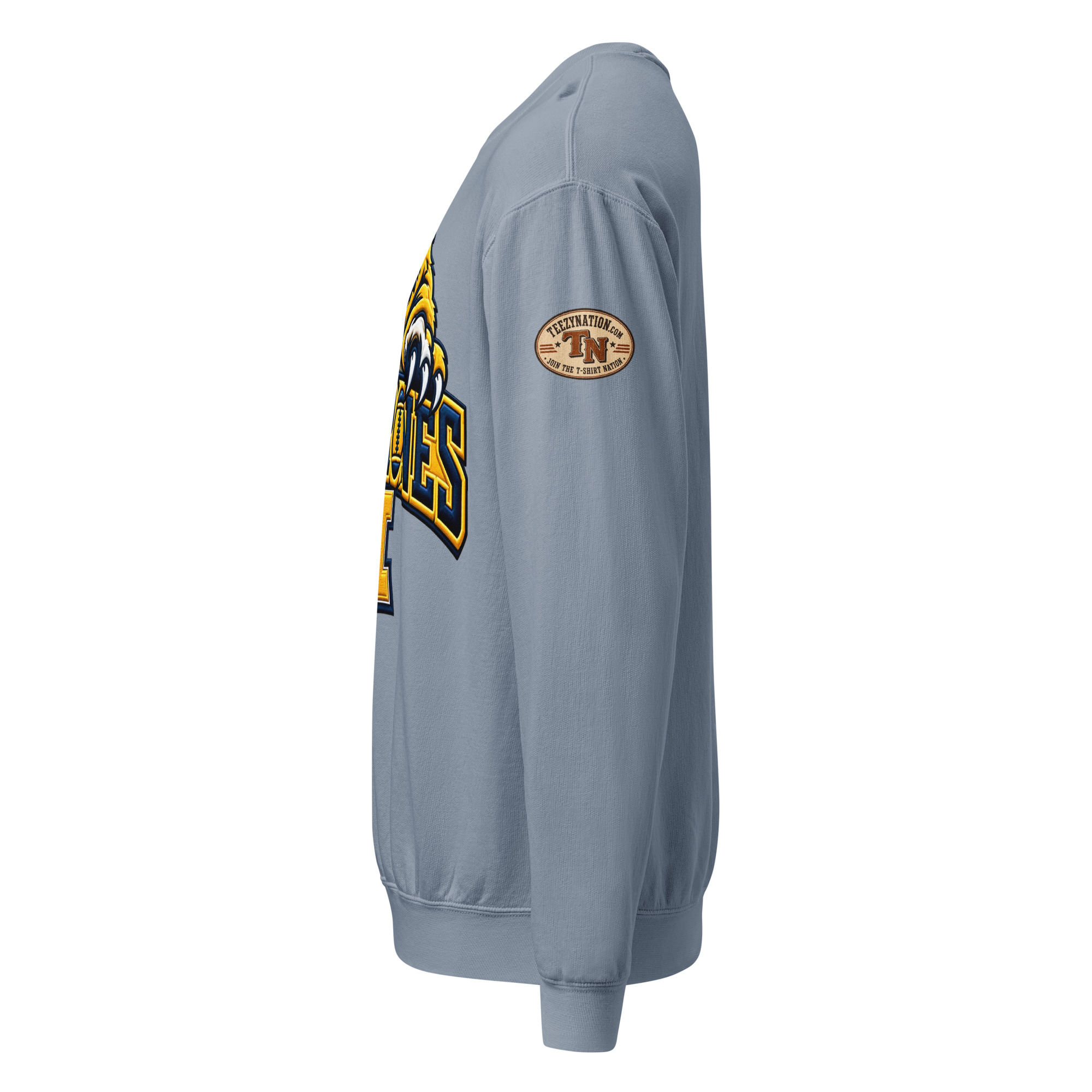unisex garment dyed lightweight fleece crewneck sweatshirt i comfort colors 1466 blue jean left 6ad397234331b.jpg Michigan Wolverines sweatshirt – vintage garment-dyed fleece crewneck, Blue Jean left side view.
