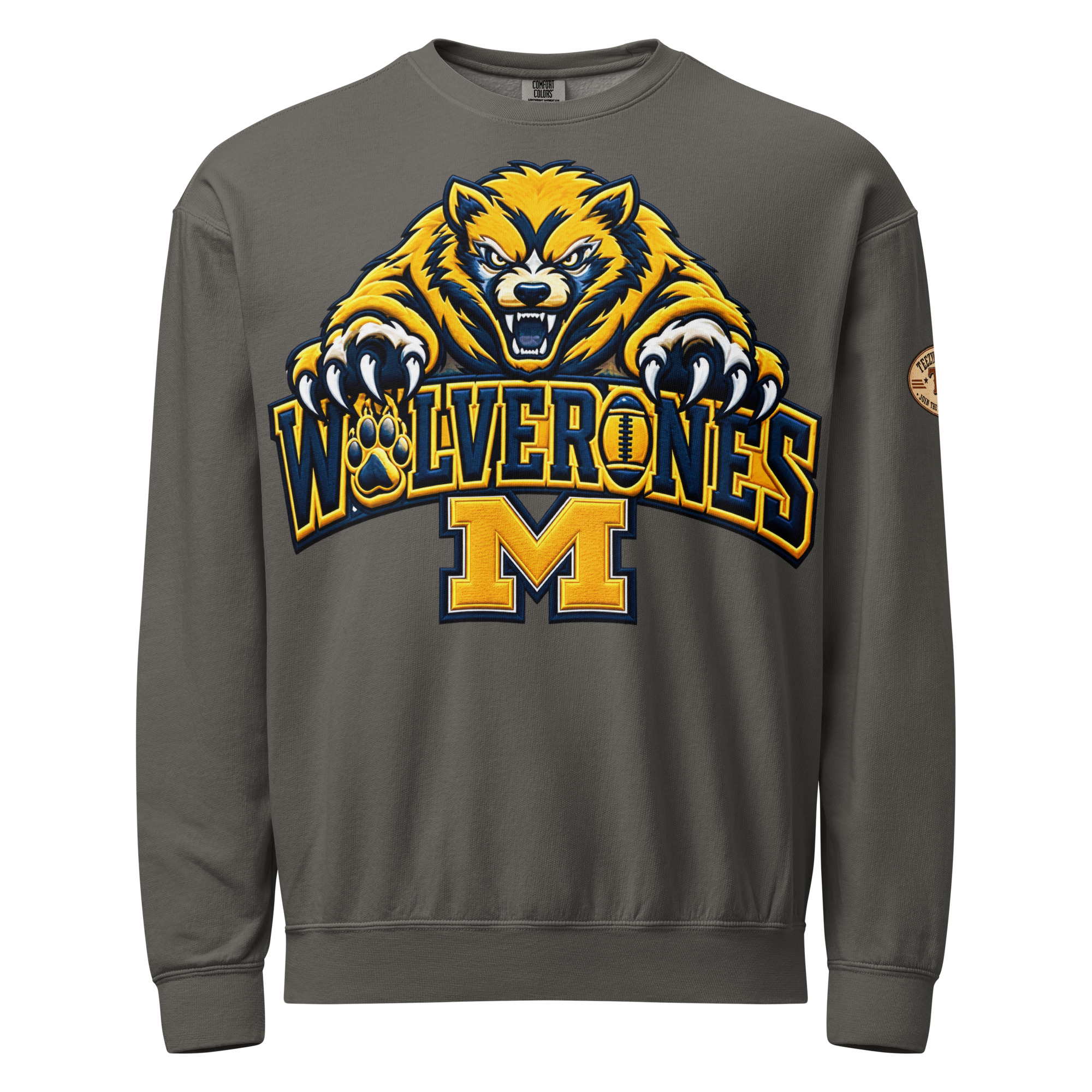 unisex garment dyed lightweight fleece crewneck sweatshirt i comfort colors 1466 pepper front 6ad39723428aa.jpg Michigan Wolverines sweatshirt – vintage garment-dyed fleece crewneck, Pepper front view.