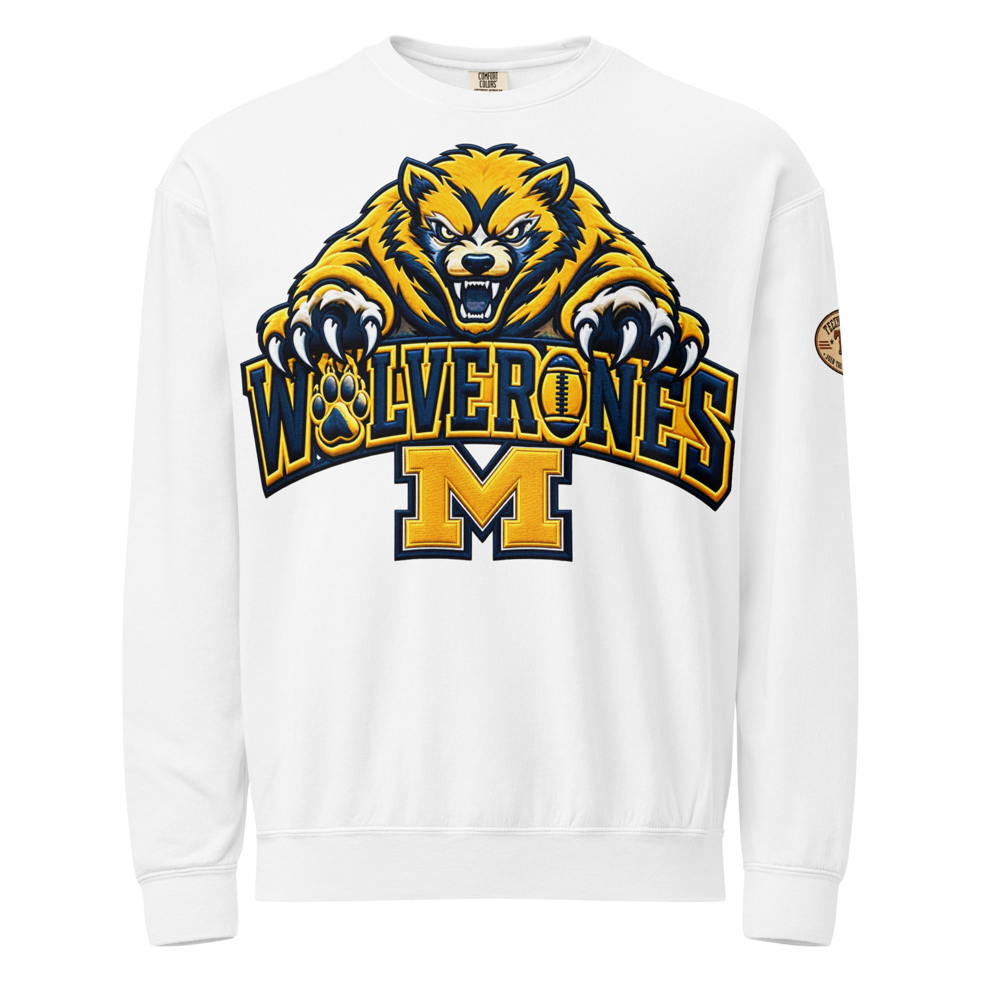 unisex garment dyed lightweight fleece crewneck sweatshirt i comfort colors 1466 white front 6ad39723428d7.jpg Michigan Wolverines sweatshirt – vintage garment-dyed fleece crewneck, White front view.